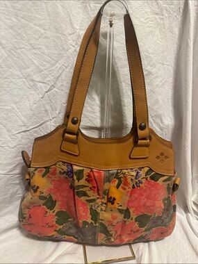 Patricia Nash Multicolor Floral Canvas Shoulder Bag with Tan Leather Trim